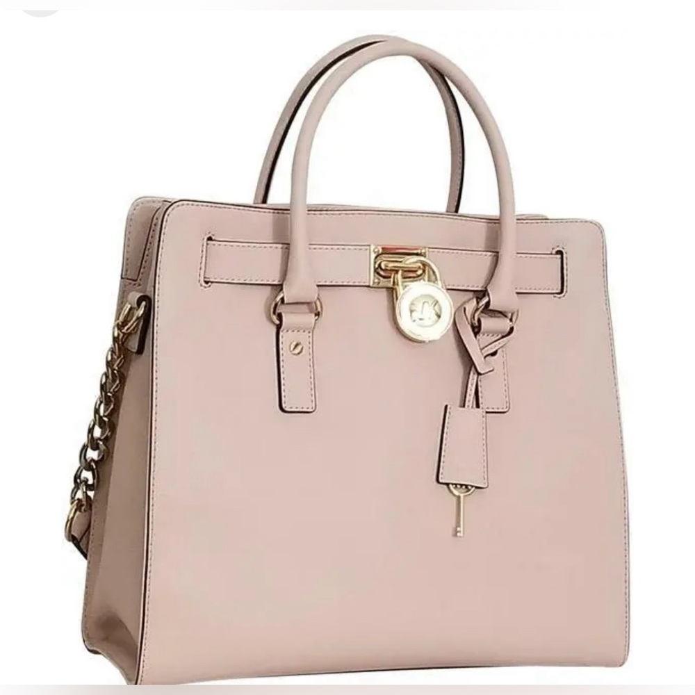 MICHAEL KORS HAMILTON LARGE PINK BALLET SAFFIANO GOLD LEATHER NS TOTE BAG